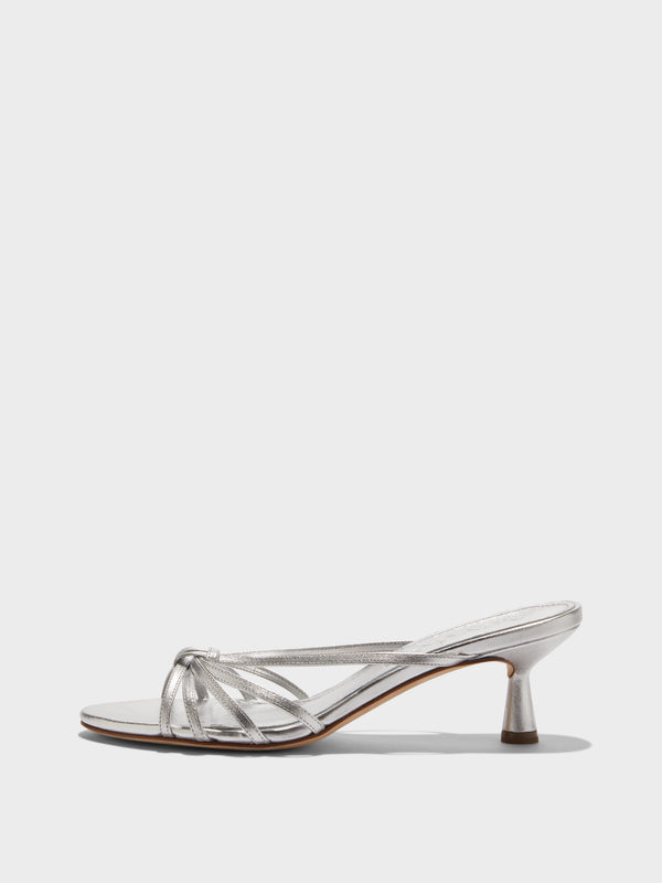 Aeyde | Abby Leather Heeled Sandals for Women | Silver Nappa | Round Toe | Mid Heel | Side View [x=50,y=85]
