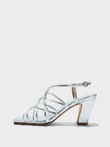 Aeyde | Acacia Leather Heeled Sandals for Women | Silver Laminated Nappa | Square Toe | High Heel | Side View