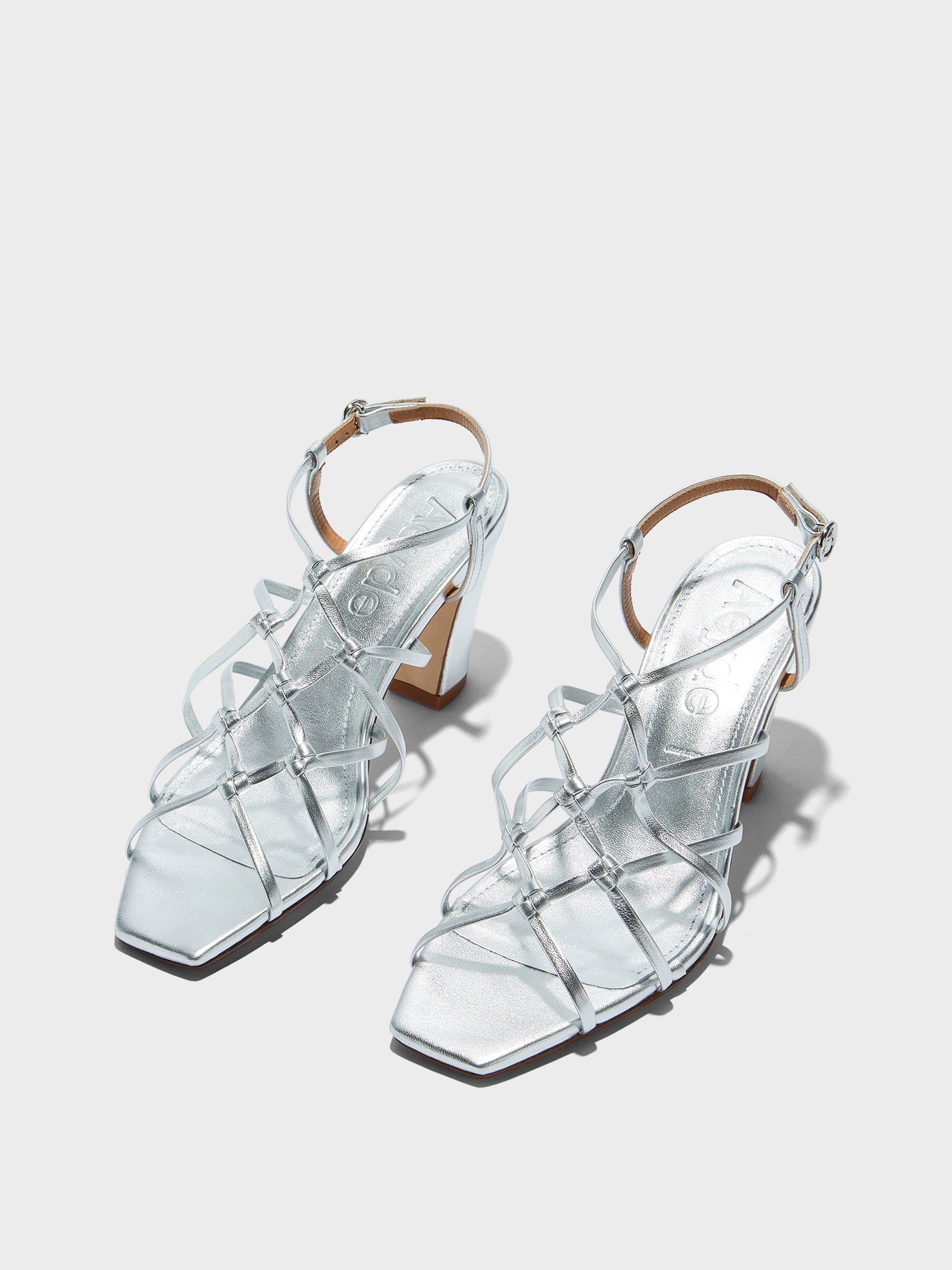 Aeyde | Acacia Leather Heeled Sandals for Women | Silver Laminated Nappa | Square Toe | High Heel | Luxury Materials | Handmade in Italy