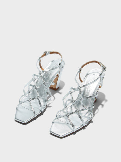 Aeyde | Acacia Leather Heeled Sandals for Women | Silver Laminated Nappa | Square Toe | High Heel | Luxury Materials | Handmade in Italy