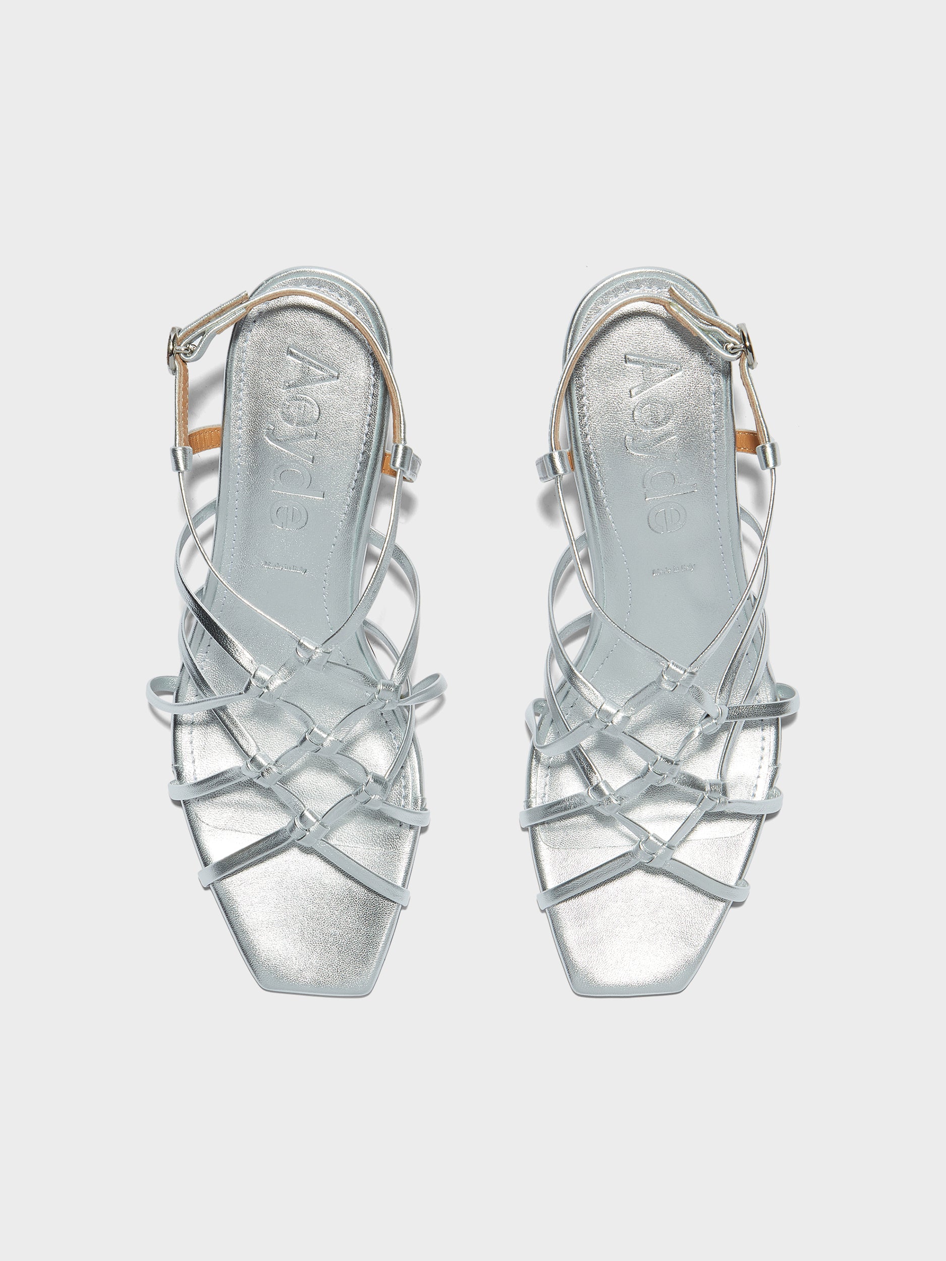 Aeyde | Acacia Leather Heeled Sandals for Women | Silver Laminated Nappa | Square Toe | High Heel | Front View