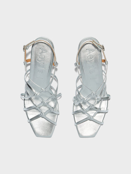 Aeyde | Acacia Leather Heeled Sandals for Women | Silver Laminated Nappa | Square Toe | High Heel | Front View