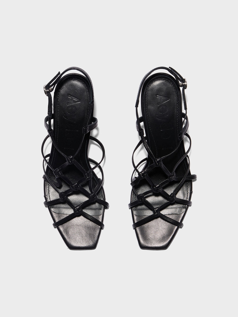 Aeyde | Acacia Leather Heeled Sandals for Women | Black Nappa | Square Toe | High Heel | Front View