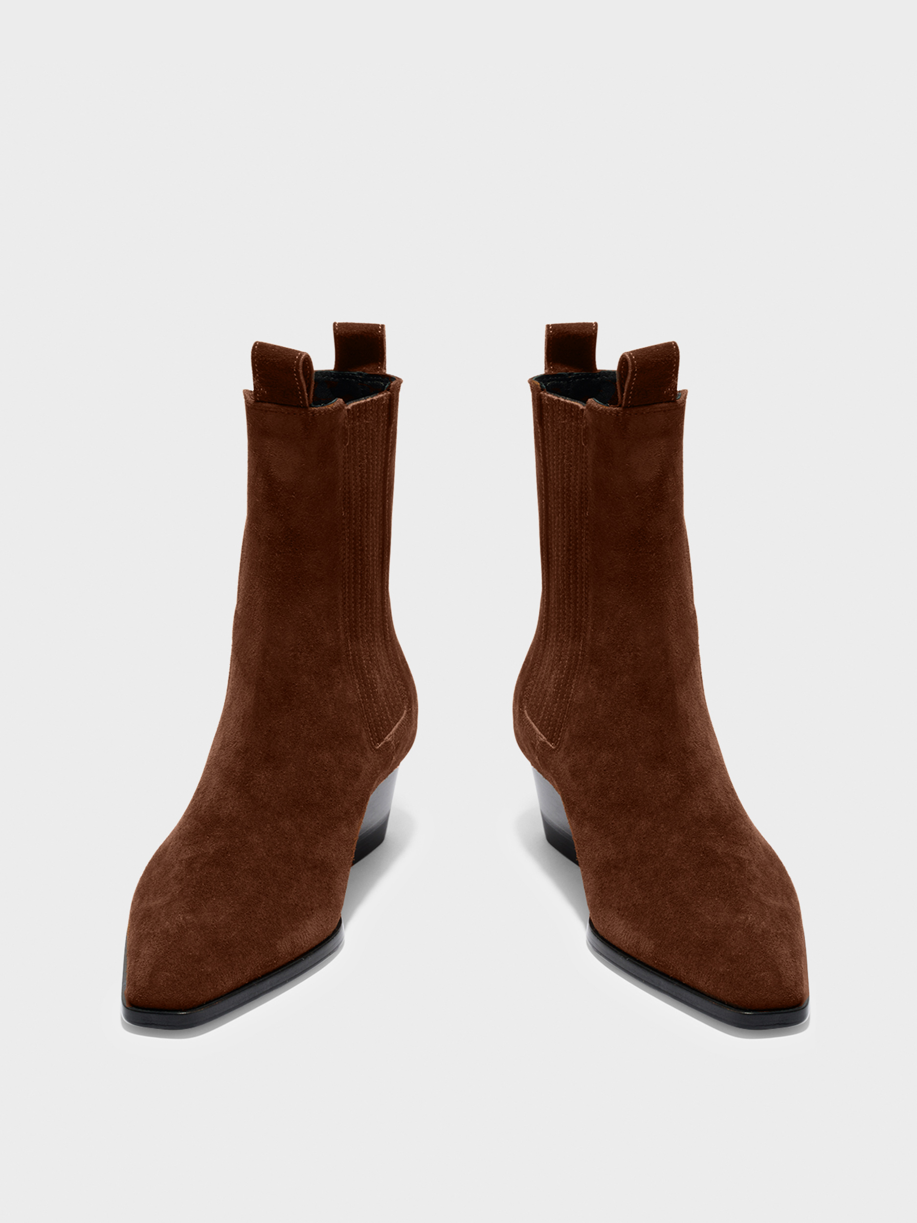 Aeyde | Agata Suede Ankle Boots Leather Ankle Boots for Women | Brown Suede | Square Toe | Mid Heel | Front View