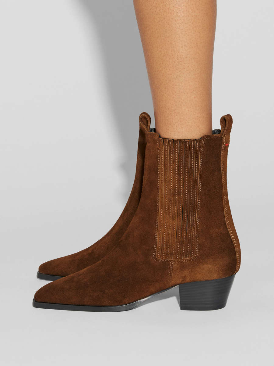 Aeyde | Agata Suede Ankle Boots Leather Ankle Boots for Women | Brown Suede | Square Toe | Mid Heel | How to Style