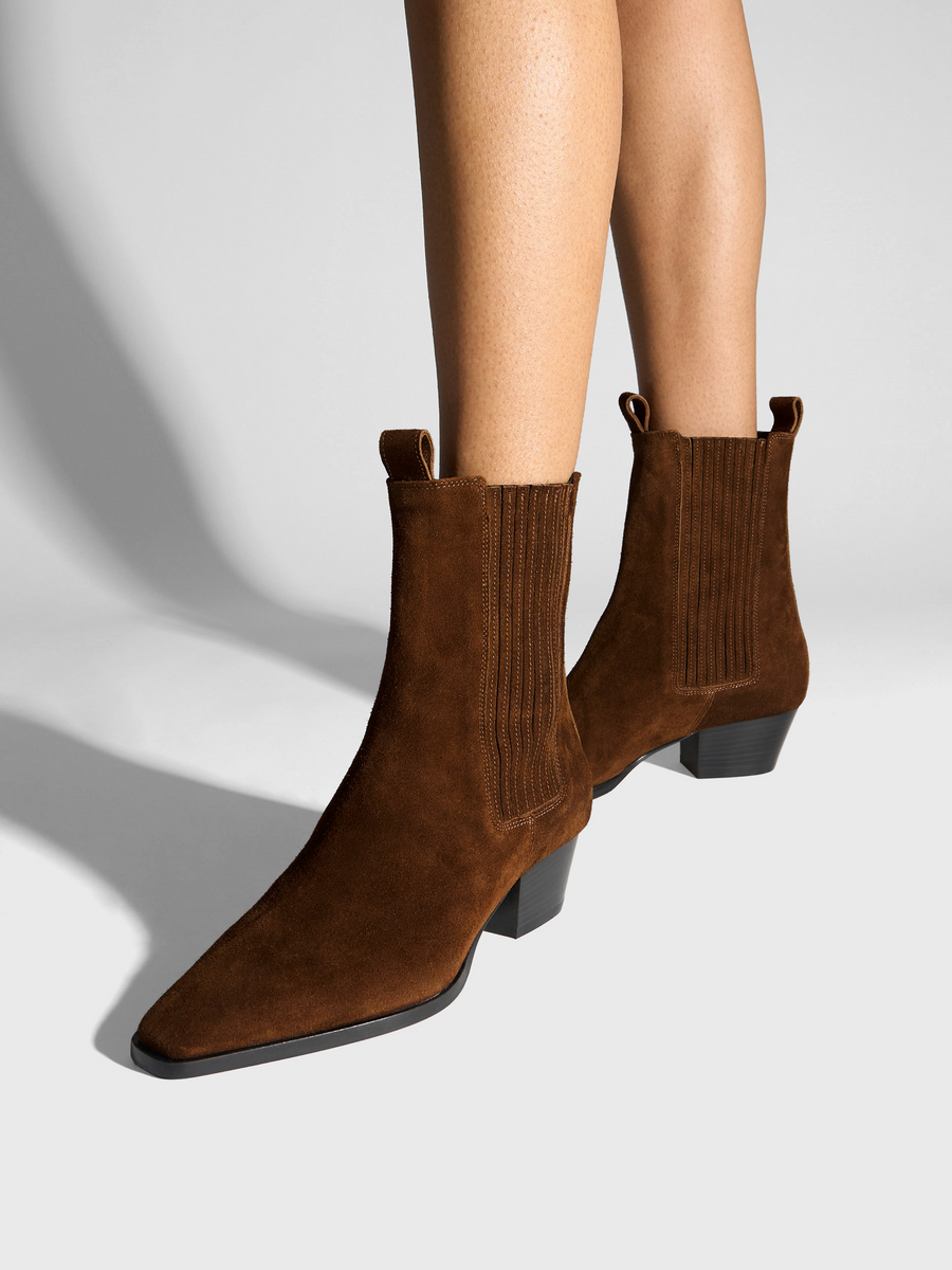 Aeyde | Agata Suede Ankle Boots Leather Ankle Boots for Women | Brown Suede | Square Toe | Mid Heel | On Feet