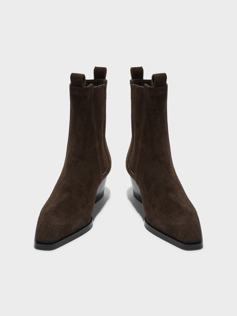 Aeyde | Agata Leather Ankle Boots for Women | Moka Suede | Pointed Toe | Low Heel | Front View