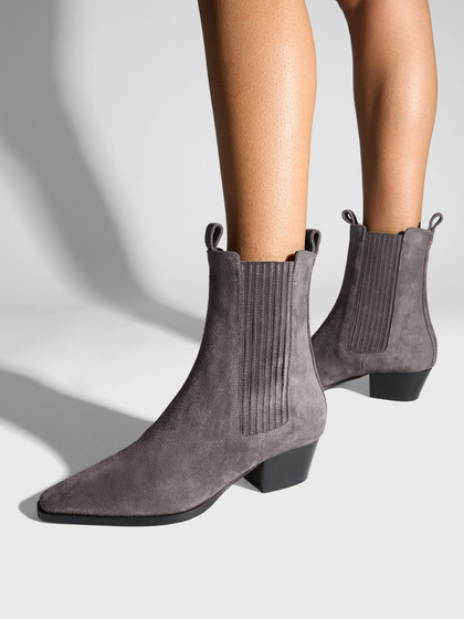 Aeyde | Agata Suede Ankle Boots Leather Ankle Boots for Women | Taupe Suede | Square Toe | Mid Heel | On Feet
