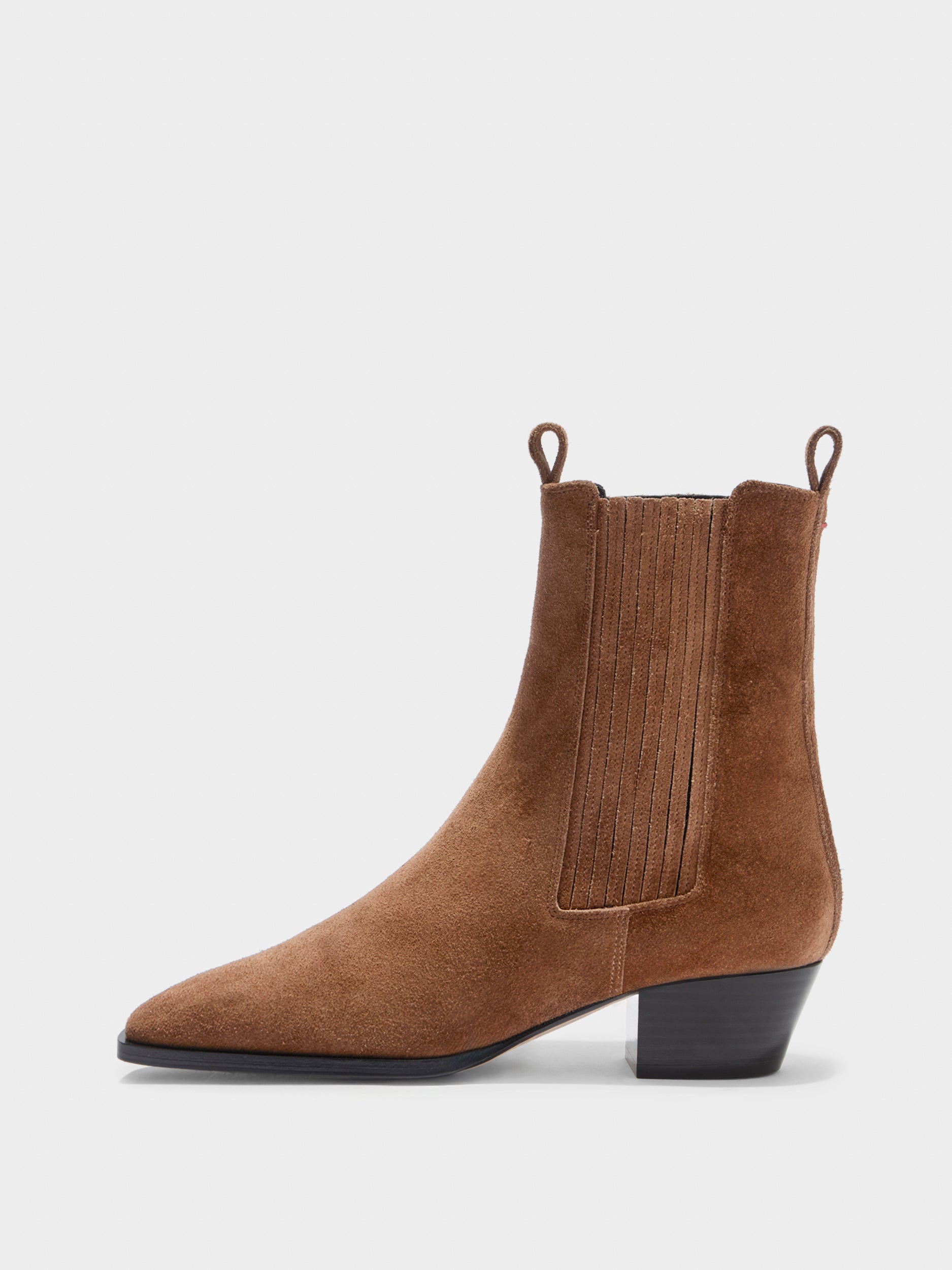 Aeyde | Agata Leather Ankle Boots for Women | Tobacco Suede | Pointed Toe | Low Heel | Side View