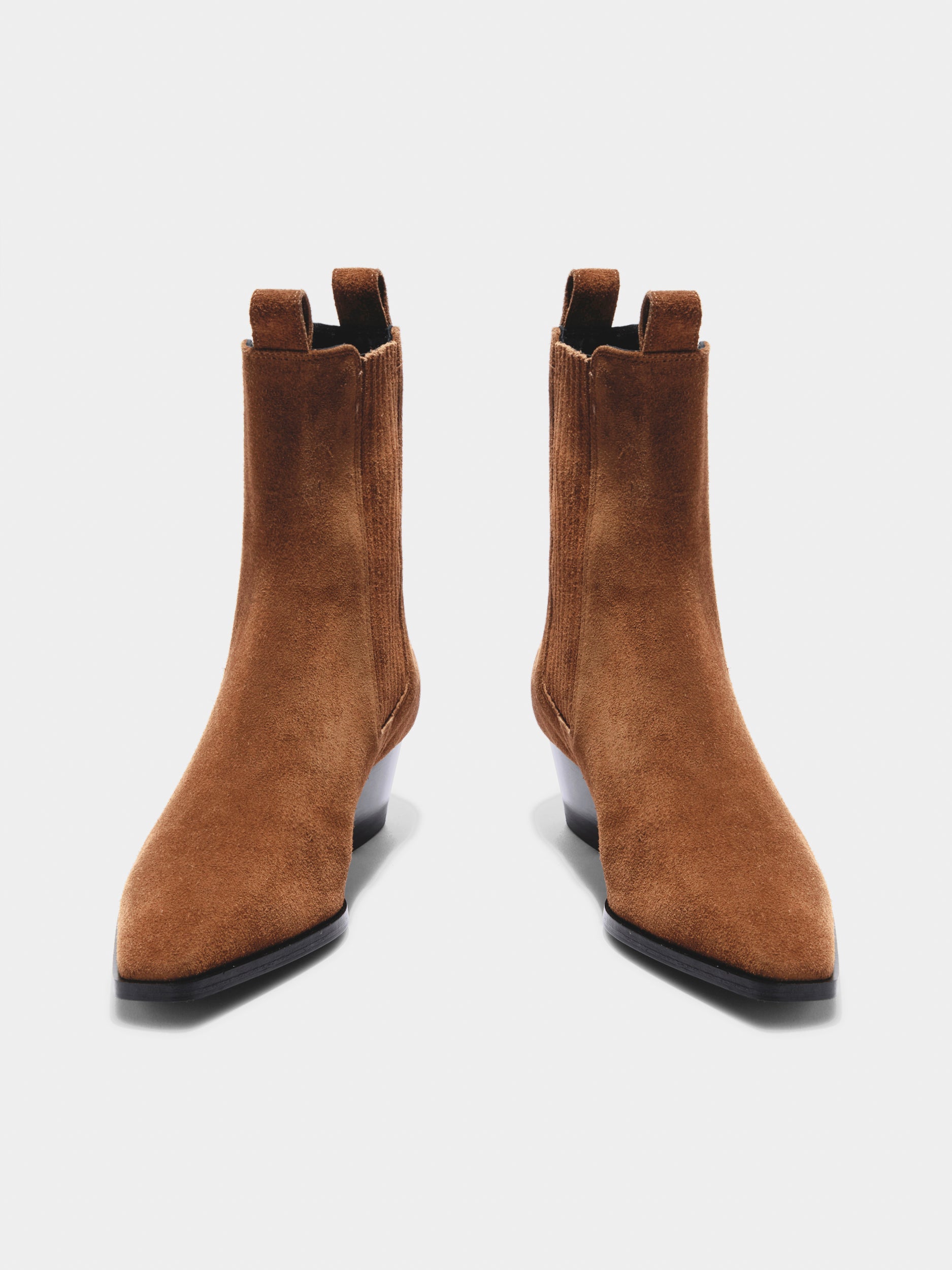 Aeyde | Agata Leather Ankle Boots for Women | Tobacco Suede | Pointed Toe | Low Heel | Front View