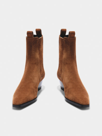 Aeyde | Agata Leather Ankle Boots for Women | Tobacco Suede | Pointed Toe | Low Heel | Front View