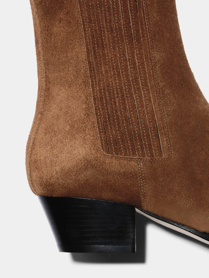 Aeyde | Agata Leather Ankle Boots for Women | Tobacco Suede | Pointed Toe | Low Heel | Heel Details