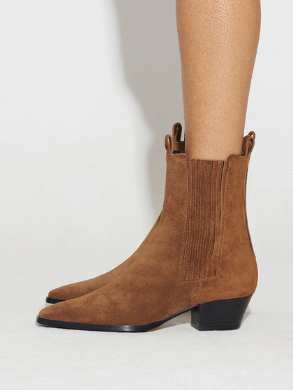 Aeyde | Agata Leather Ankle Boots for Women | Tobacco Suede | Pointed Toe | Low Heel | How to Style