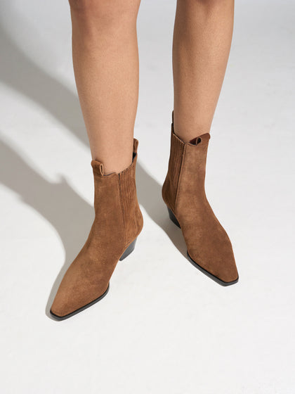 Aeyde | Agata Leather Ankle Boots for Women | Tobacco Suede | Pointed Toe | Low Heel | On Feet
