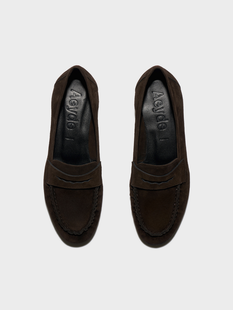 Aeyde | Aldous Suede Loafers Leather Flats for Women | Moka Suede | Round Toe | Low Heel | Front View