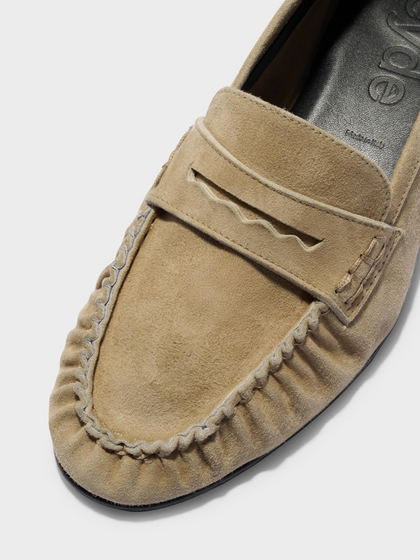 Aeyde | Aldous Suede Loafers Leather Flats for Women | Sand Suede | Round Toe | Low Heel | Heel Details