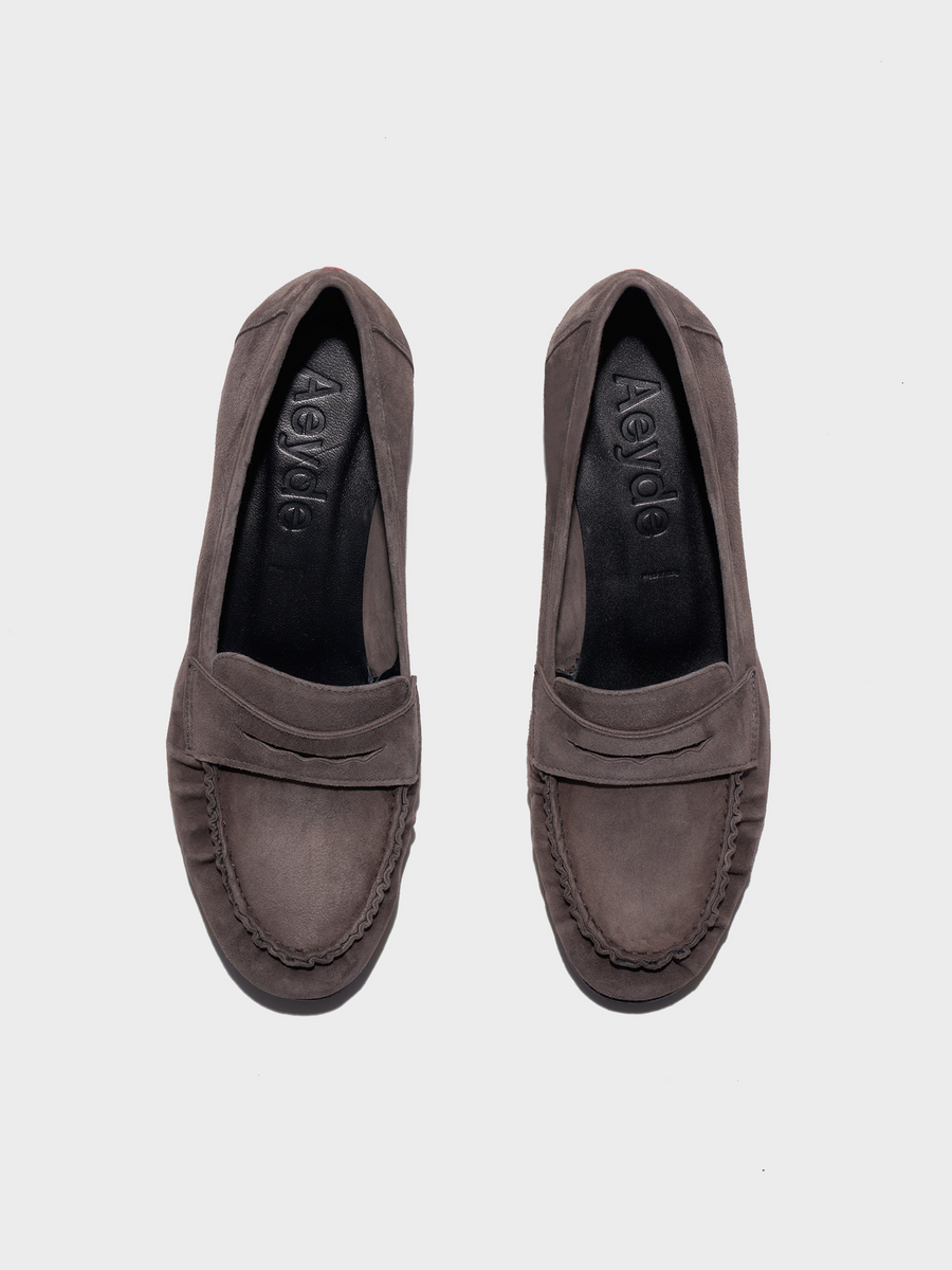 Aeyde | Aldous Suede Loafers Leather Flats for Women | Taupe Suede | Round Toe | Low Heel | Front View