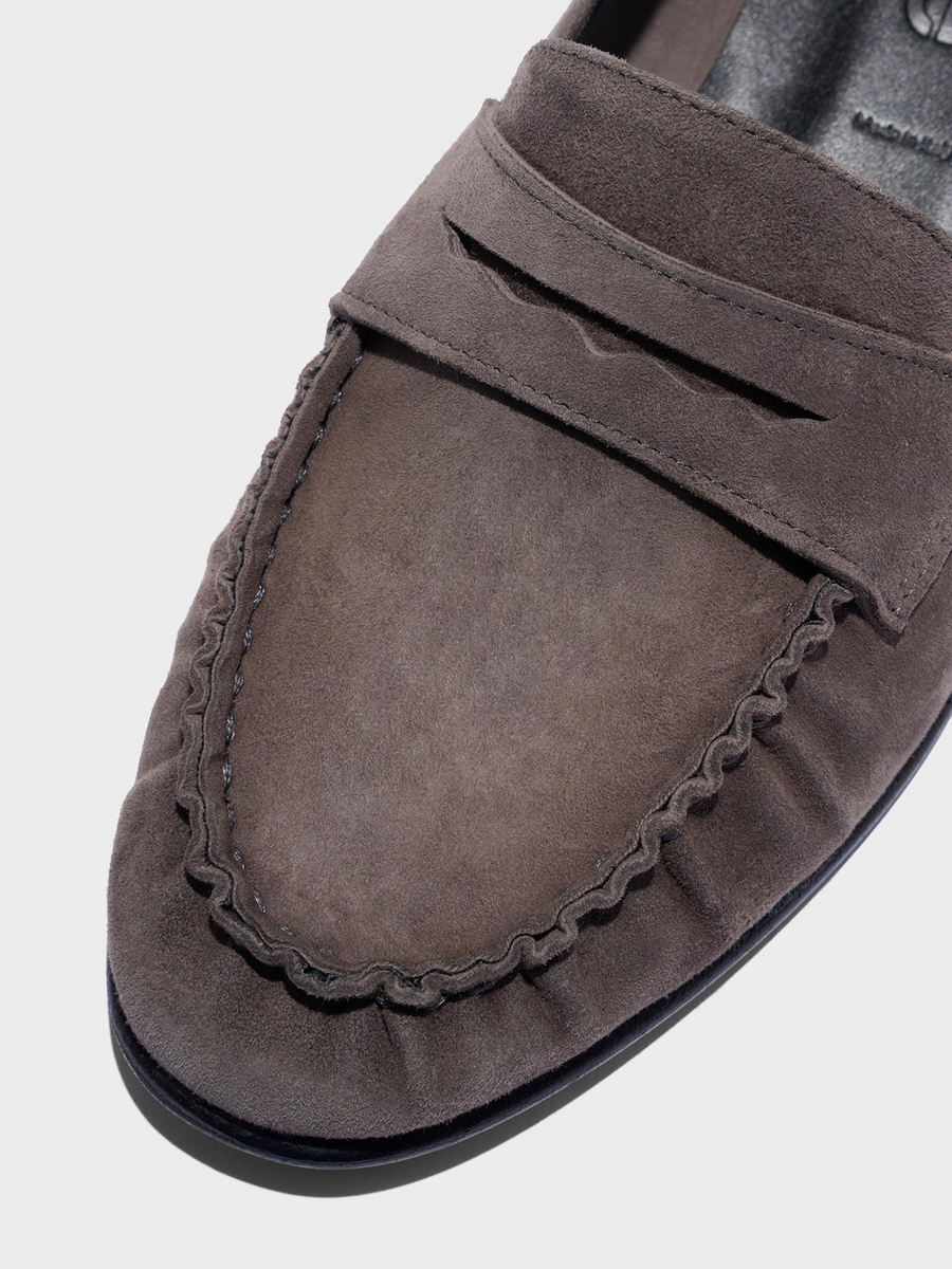 Aeyde | Aldous Suede Loafers Leather Flats for Women | Taupe Suede | Round Toe | Low Heel | Heel Details