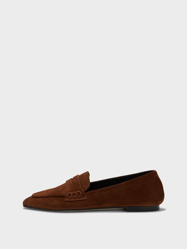 Aeyde | Alfie Leather Flats for Women | Brown Suede | Square Toe | Flat Heel | Side View [x=50,y=85]