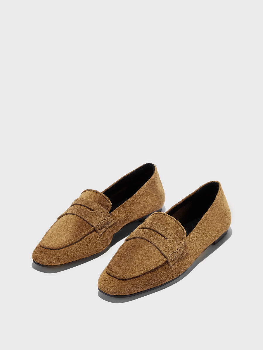 Aeyde | Alfie Leather Flats for Women | Tobacco Suede | Square Toe | Flat Heel | Luxury Materials | Handmade in Italy