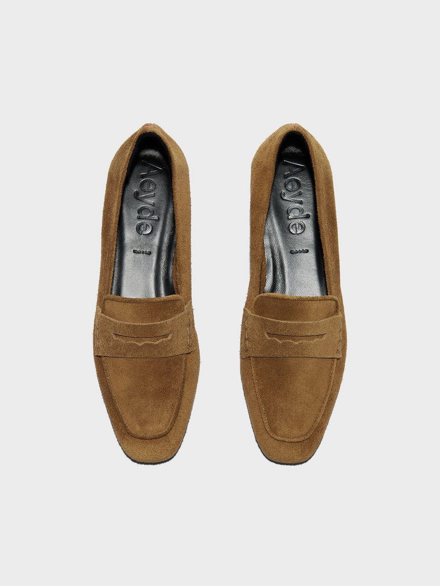 Aeyde | Alfie Leather Flats for Women | Tobacco Suede | Square Toe | Flat Heel | Front View
