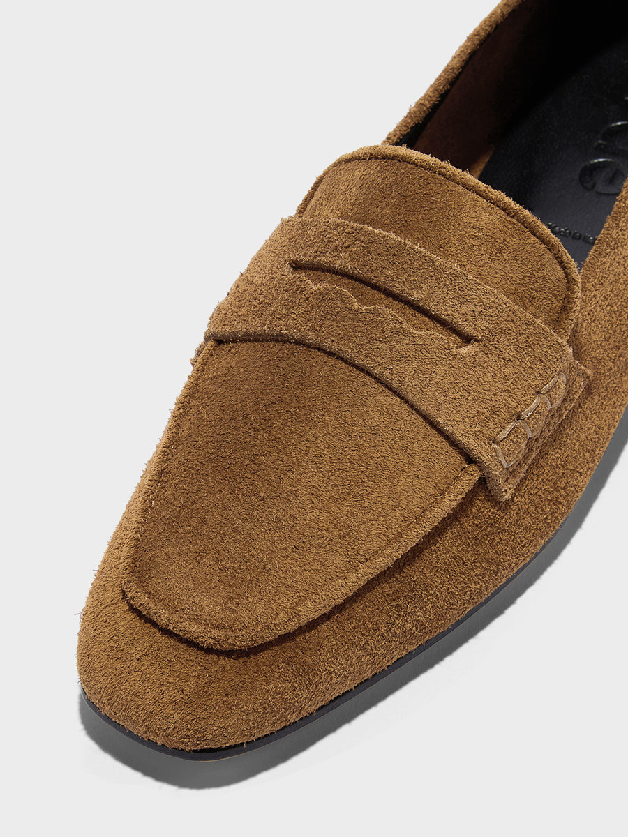 Aeyde | Alfie Leather Flats for Women | Tobacco Suede | Square Toe | Flat Heel | Heel Details