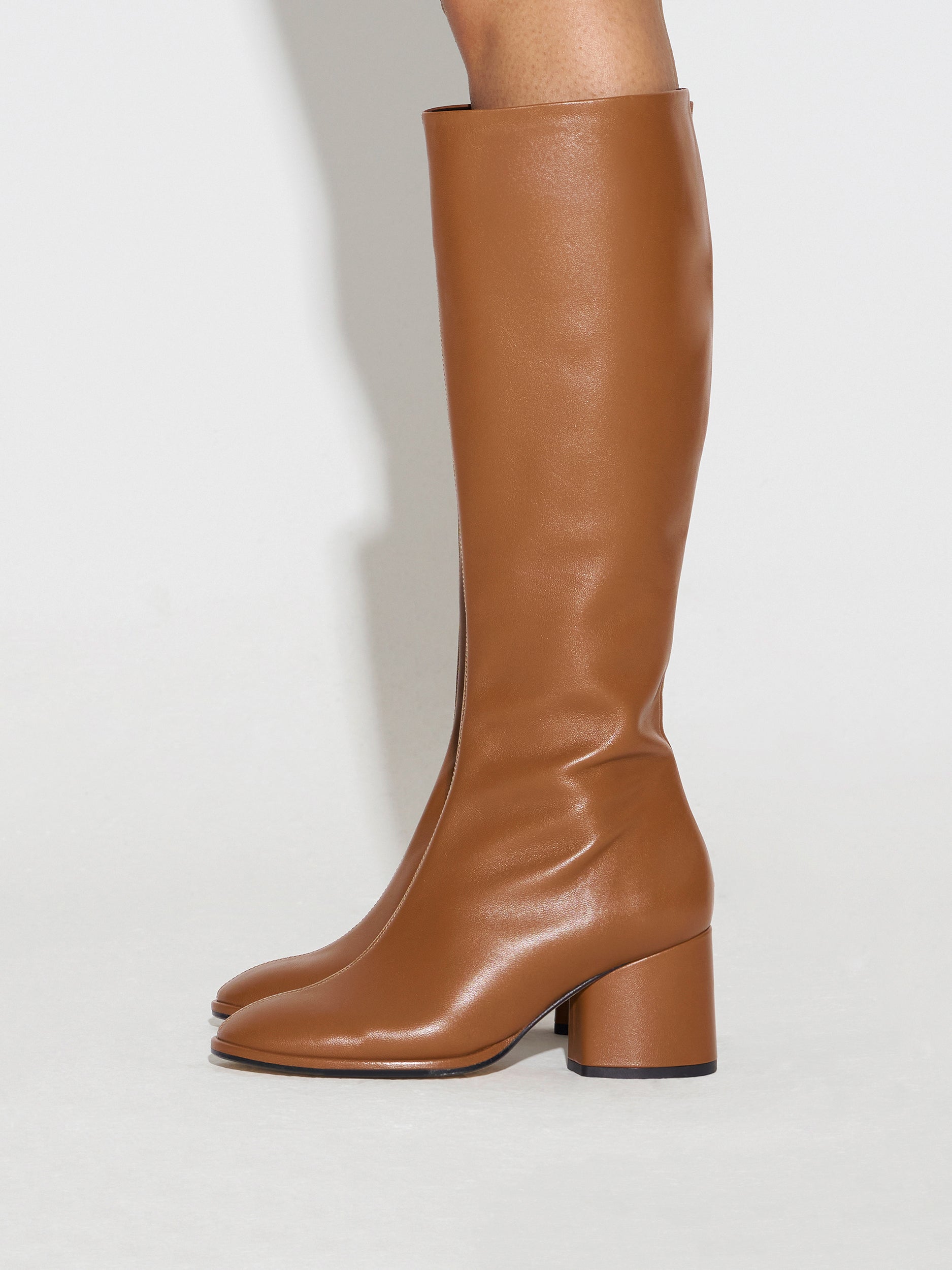 Aeyde | Alina Leather Knee High Boots for Women | Tobacco Nappa | Round Toe | Mid Heel | How to Style