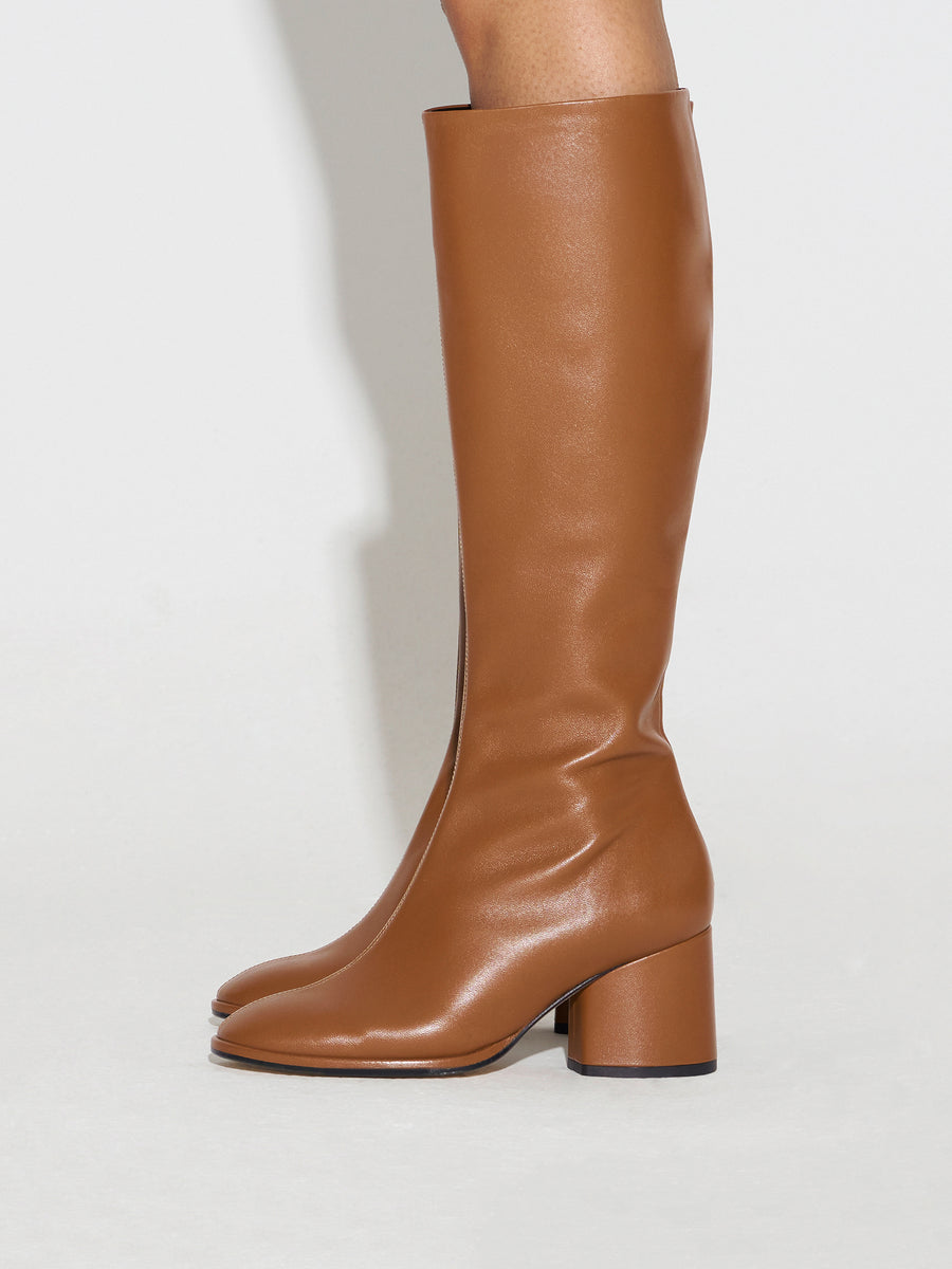 Aeyde | Alina Leather Knee High Boots for Women | Tobacco Nappa | Round Toe | Mid Heel | How to Style