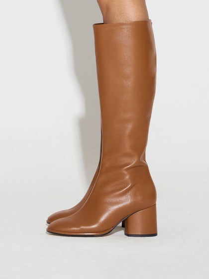 Aeyde | Alina Leather Knee High Boots for Women | Tobacco Nappa | Round Toe | Mid Heel | How to Style