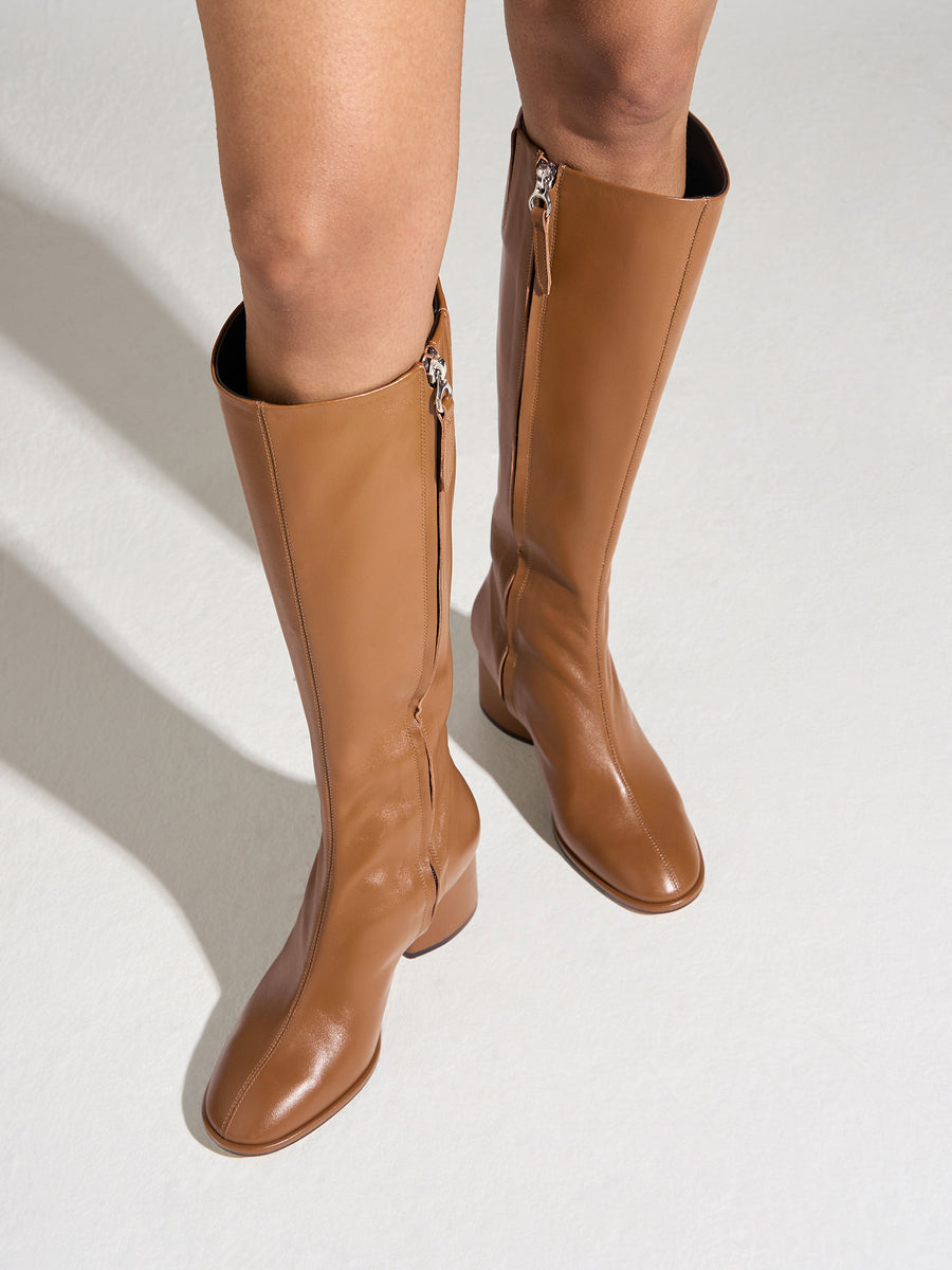 Aeyde | Alina Leather Knee High Boots for Women | Tobacco Nappa | Round Toe | Mid Heel | On Feet