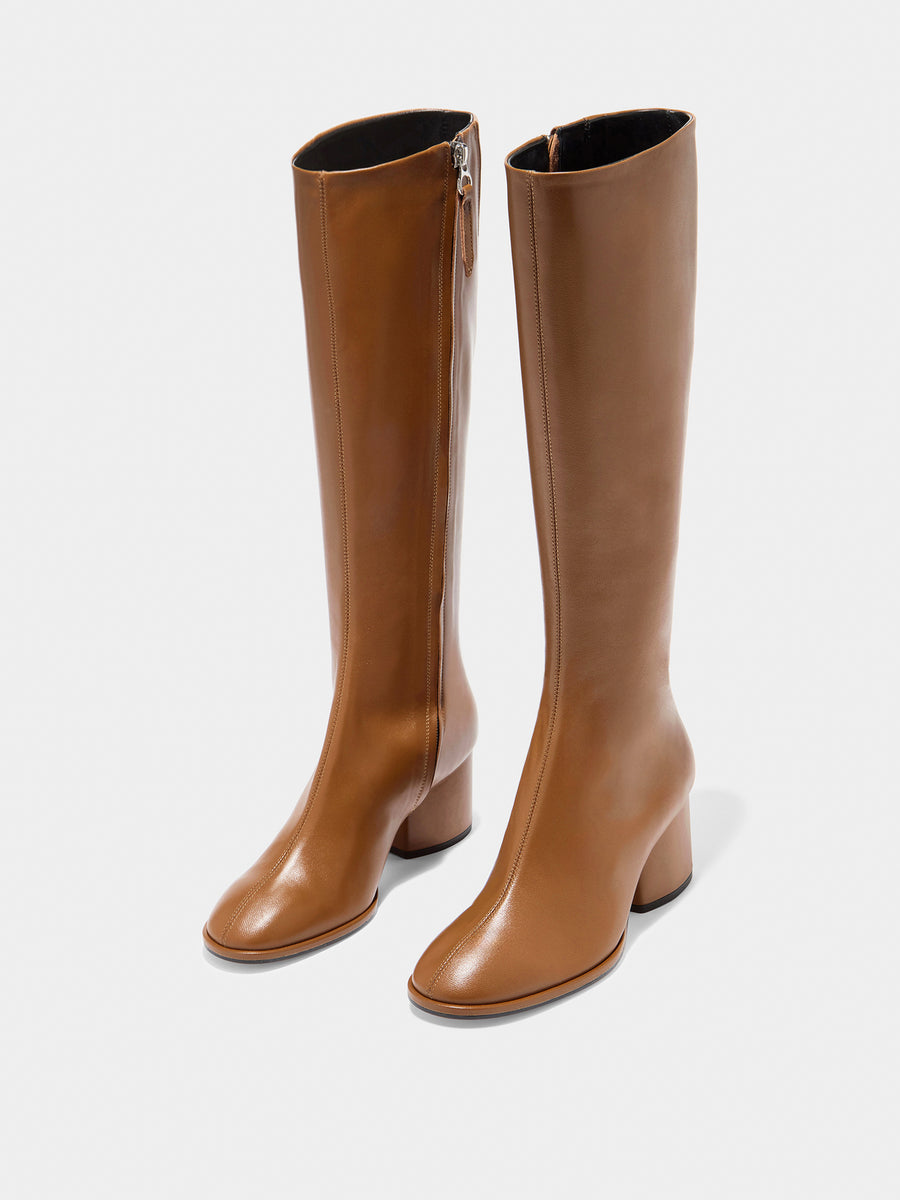 Aeyde | Alina Leather Knee High Boots for Women | Tobacco Nappa | Round Toe | Mid Heel | Luxury Materials | Handmade in Italy