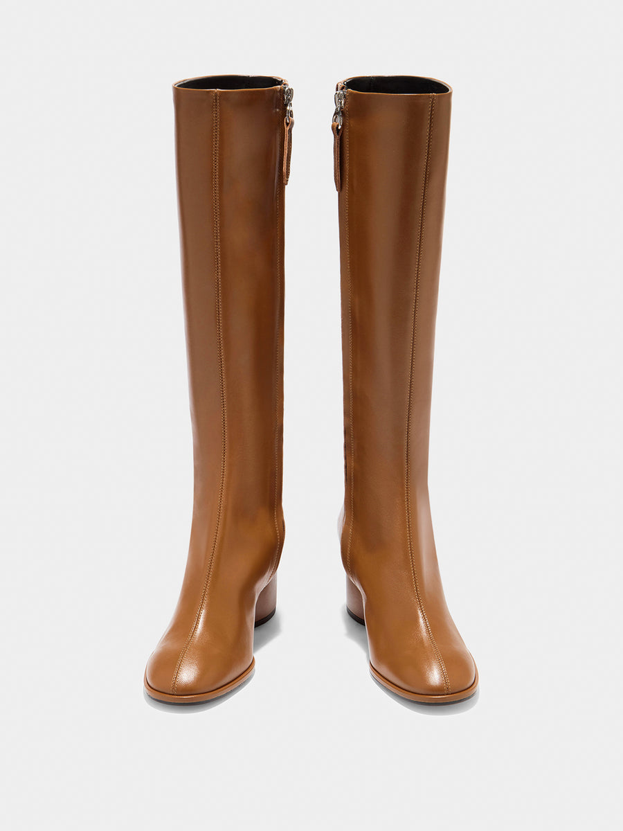 Aeyde | Alina Leather Knee High Boots for Women | Tobacco Nappa | Round Toe | Mid Heel | Front View