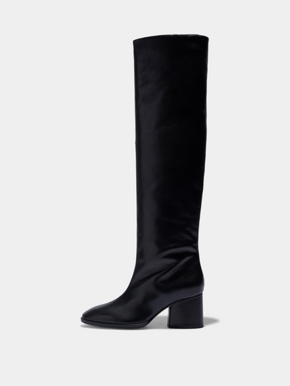 Aeyde | Almut Knee-High Boots Leather Knee High Boots for Women | Black Calf | Round Toe | Mid Heel | Side View
