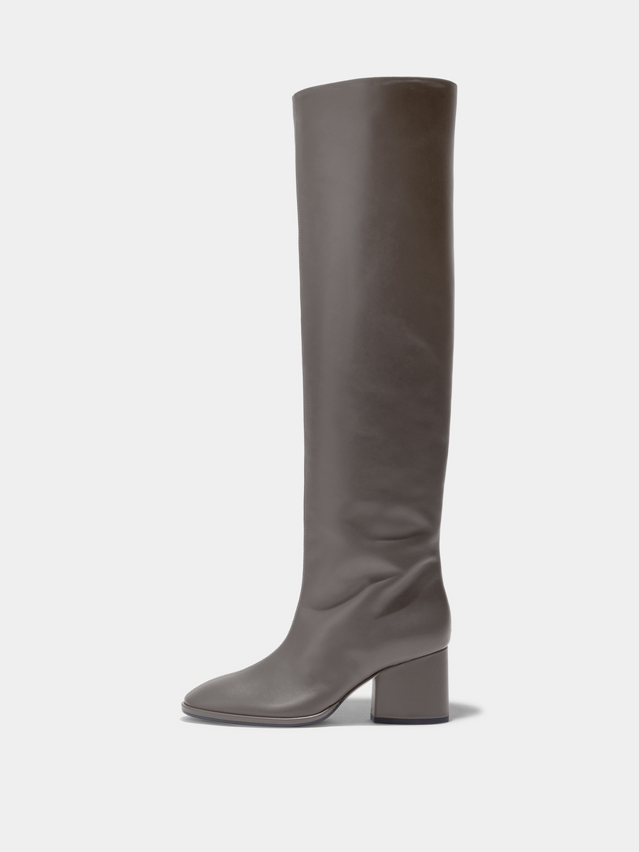 Aeyde | Almut Knee-High Boots Leather Knee High Boots for Women | Taupe Calf | Round Toe | Mid Heel | Side View