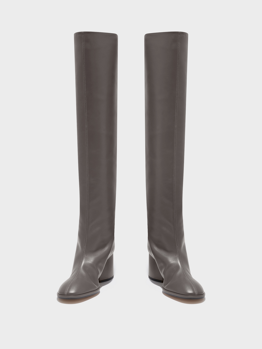 Aeyde | Almut Knee-High Boots Leather Knee High Boots for Women | Taupe Calf | Round Toe | Mid Heel | Front View