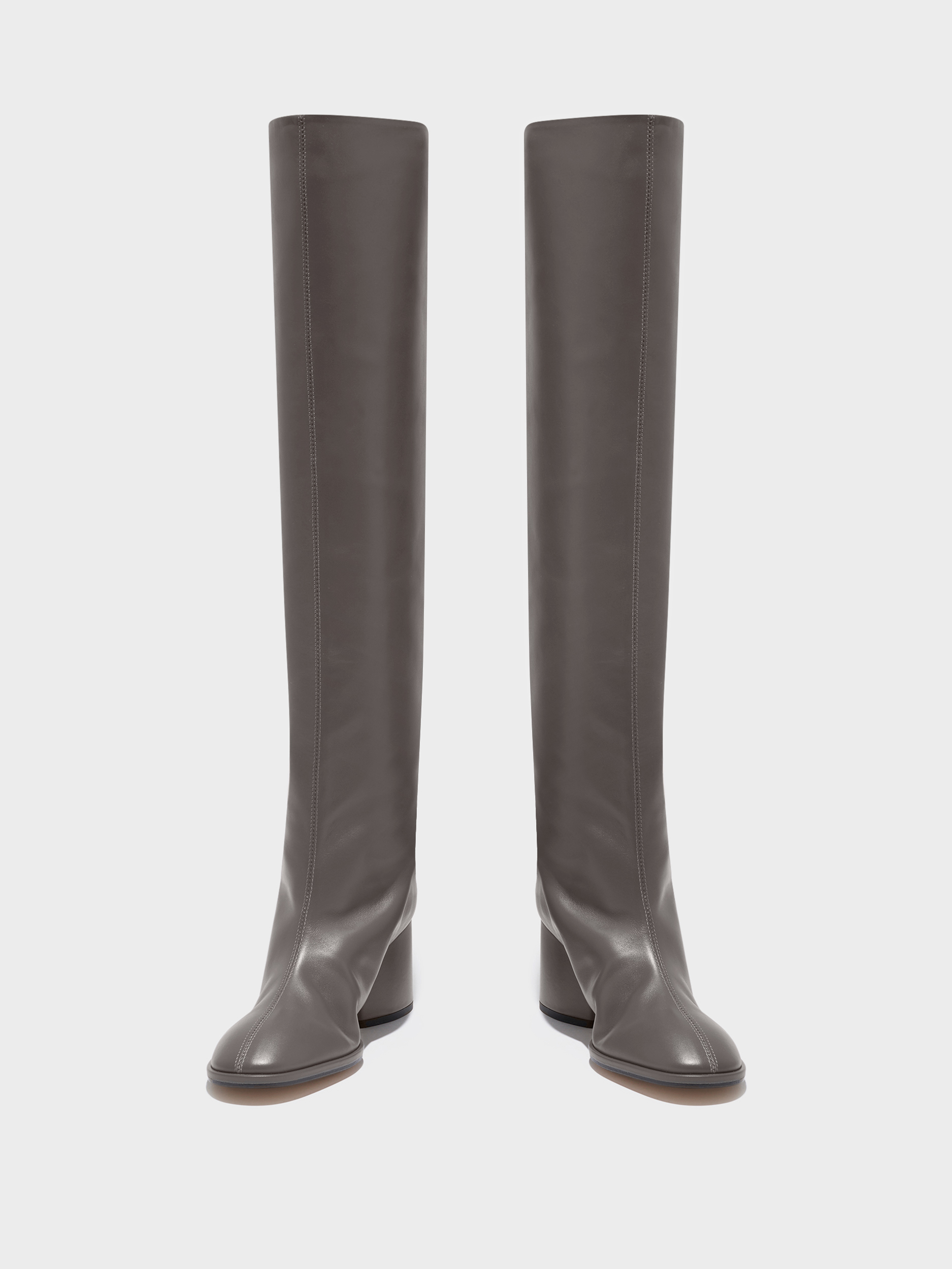 Aeyde | Almut Knee-High Boots Leather Knee High Boots for Women | Taupe Calf | Round Toe | Mid Heel | Heel Details