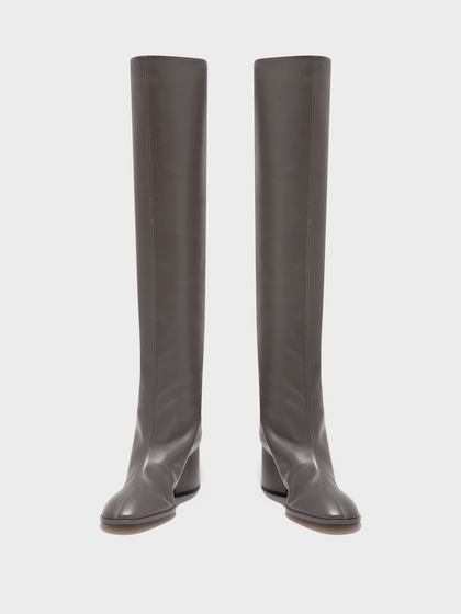 Aeyde | Almut Knee-High Boots Leather Knee High Boots for Women | Taupe Calf | Round Toe | Mid Heel | Heel Details