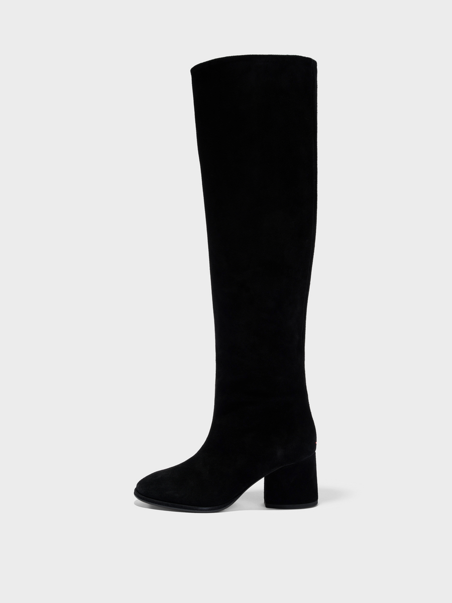 Aeyde | Almut Knee-High Boots Leather Knee High Boots for Women | Black Suede | Round Toe | Mid Heel | Side View