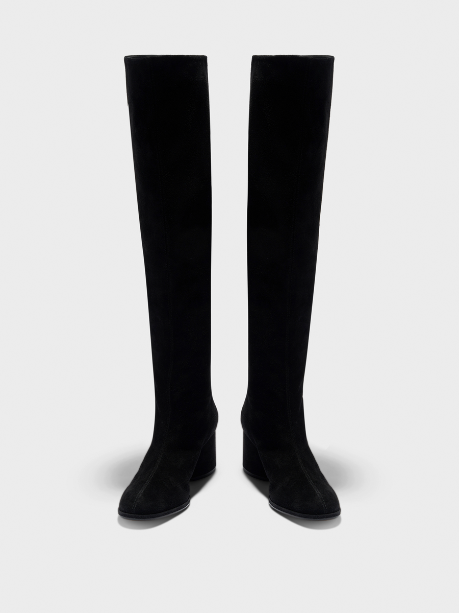 Aeyde | Almut Knee-High Boots Leather Knee High Boots for Women | Black Suede | Round Toe | Mid Heel | Heel Details