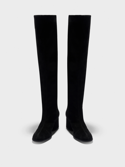 Aeyde | Almut Knee-High Boots Leather Knee High Boots for Women | Black Suede | Round Toe | Mid Heel | Heel Details