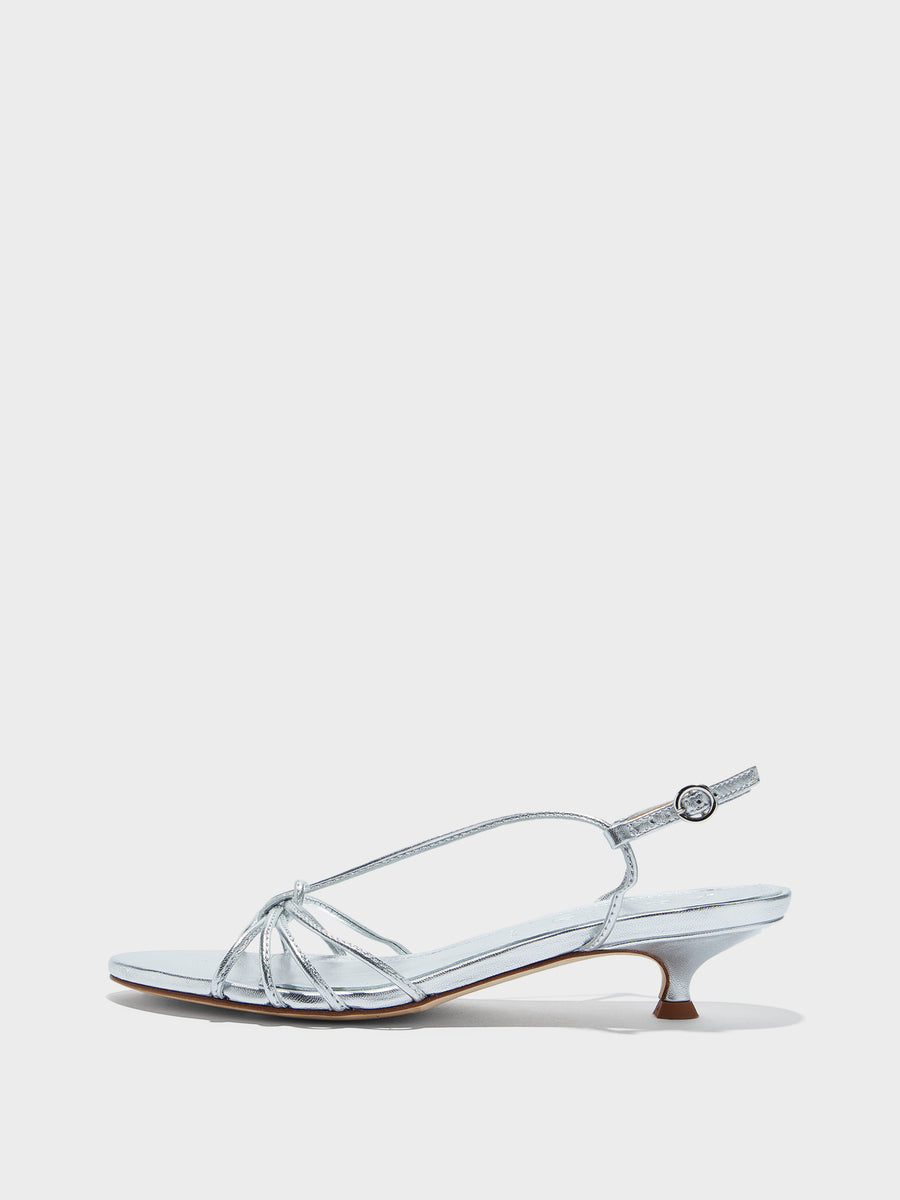 Aeyde | Amara Leather Heeled Sandals for Women | Silver Laminated Nappa | Round Toe | Mid Heel | Side View