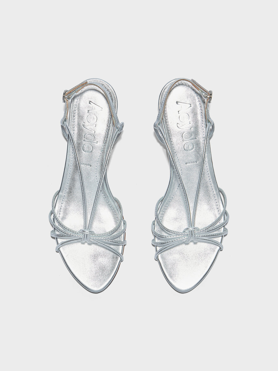 Aeyde | Amara Leather Heeled Sandals for Women | Silver Laminated Nappa | Round Toe | Mid Heel | Front View