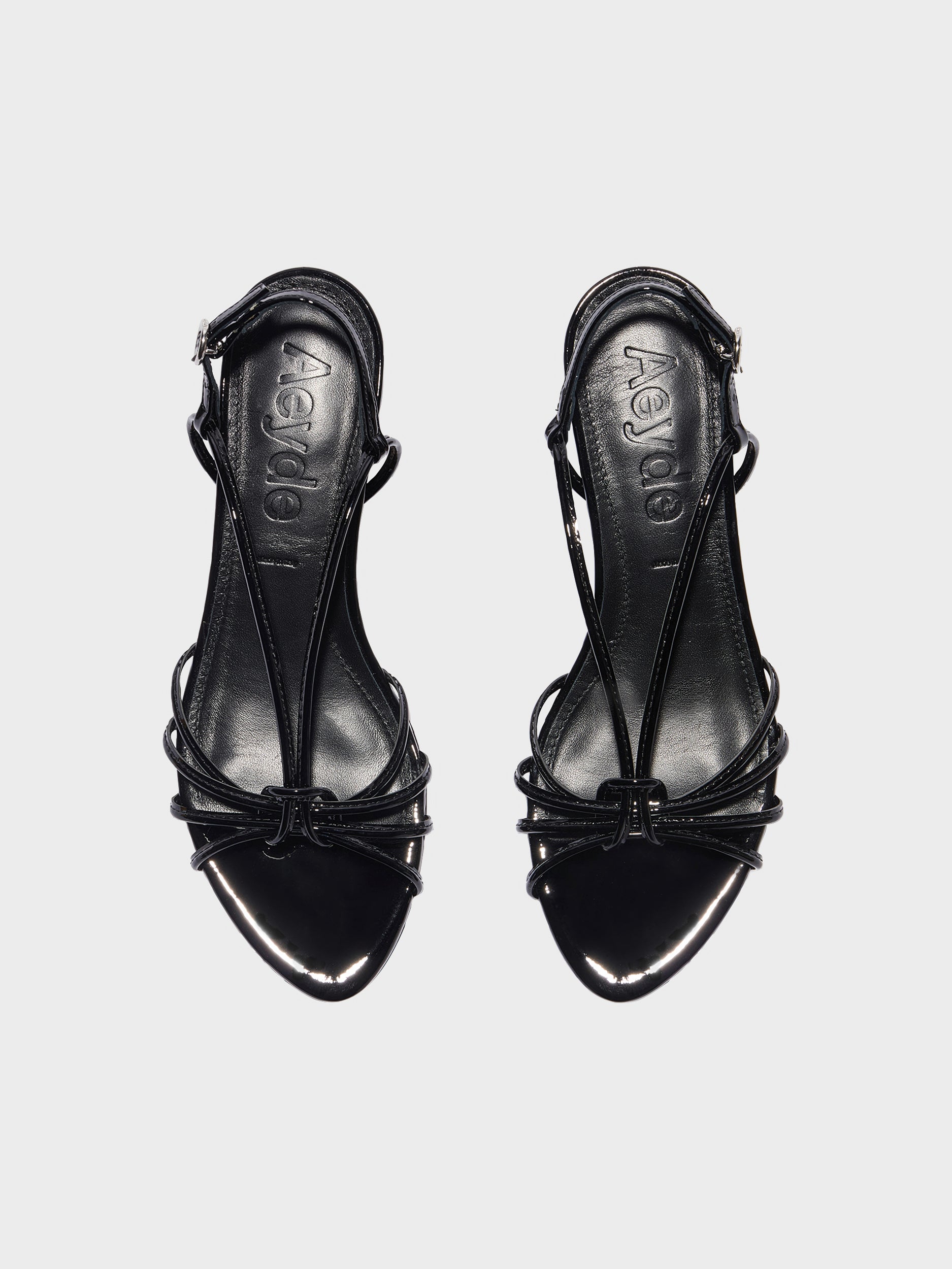 Aeyde | Amara Leather Heeled Sandals for Women | Black Patent | Round Toe | Mid Heel | Front View