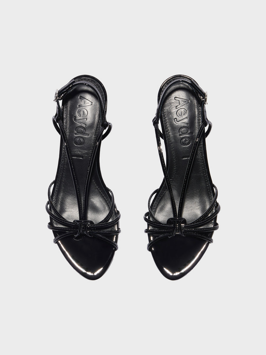 Aeyde | Amara Leather Heeled Sandals for Women | Black Patent | Round Toe | Mid Heel | Front View