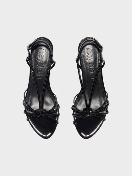 Aeyde | Amara Leather Heeled Sandals for Women | Black Patent | Round Toe | Mid Heel | Front View