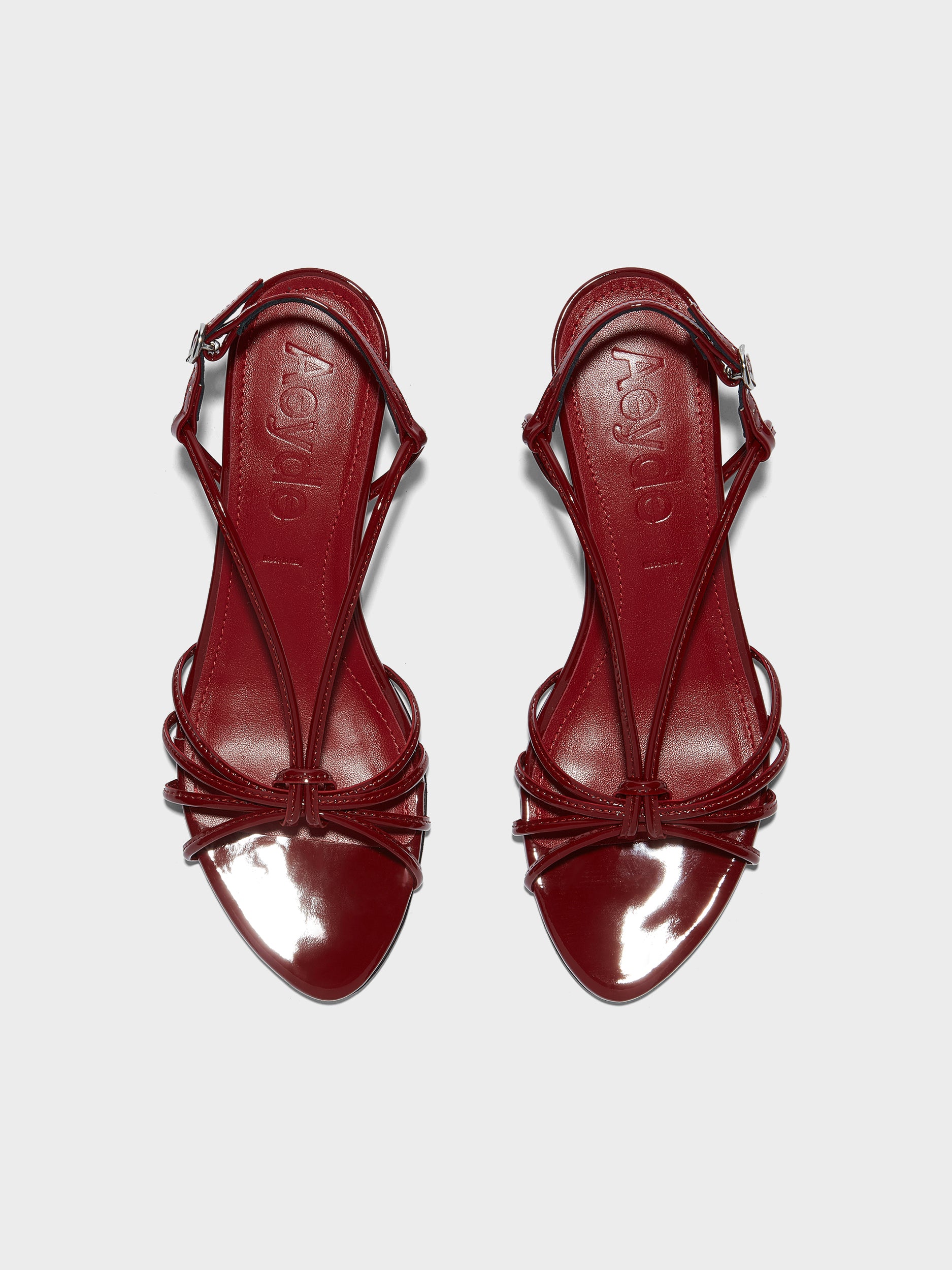 Aeyde | Amara Leather Heeled Sandals for Women | Scarlet Patent | Round Toe | Mid Heel | Front View