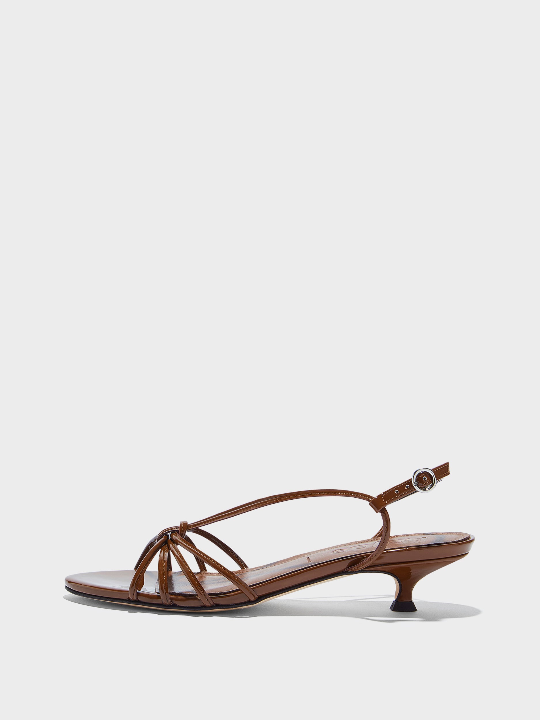 Aeyde | Amara Leather Heeled Sandals for Women | Tobacco Patent | Round Toe | Mid Heel | Side View