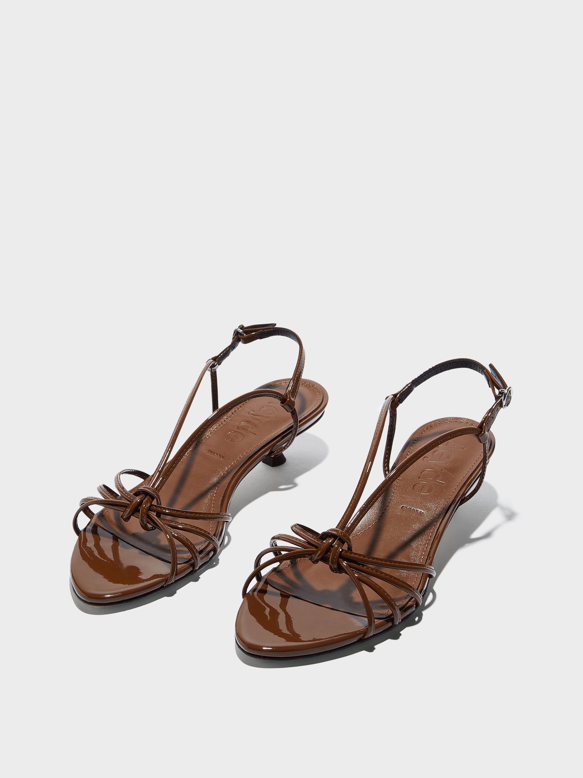 Aeyde | Amara Leather Heeled Sandals for Women | Tobacco Patent | Round Toe | Mid Heel | Luxury Materials | Handmade in Italy