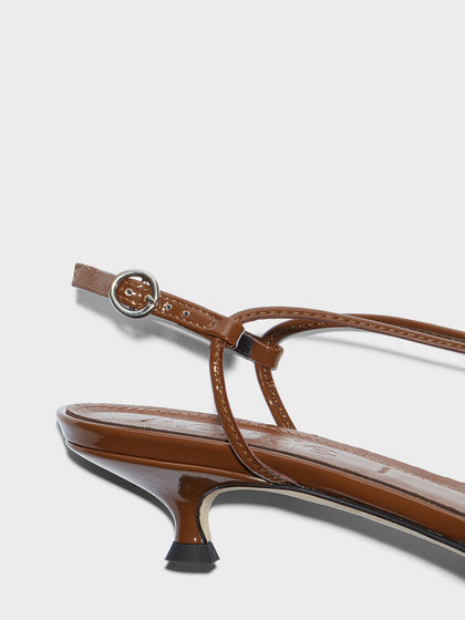 Aeyde | Amara Leather Heeled Sandals for Women | Tobacco Patent | Round Toe | Mid Heel | Heel Details