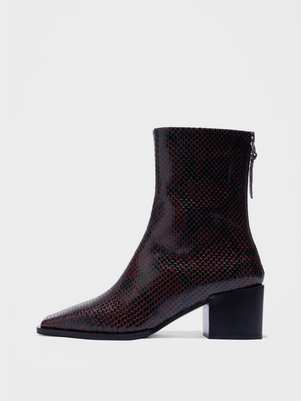 Aeyde | Amina Leather Ankle Boots Leather Ankle Boots for Women | Port Snake | Square Toe | Mid Heel | Side View